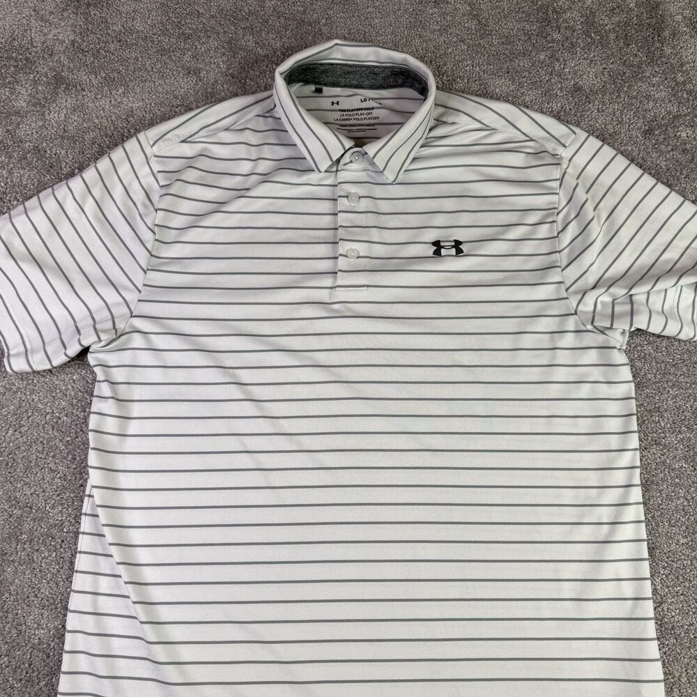 Under Armour Shirt Men’s Large White Striped Performane The Play Off Polo Golf